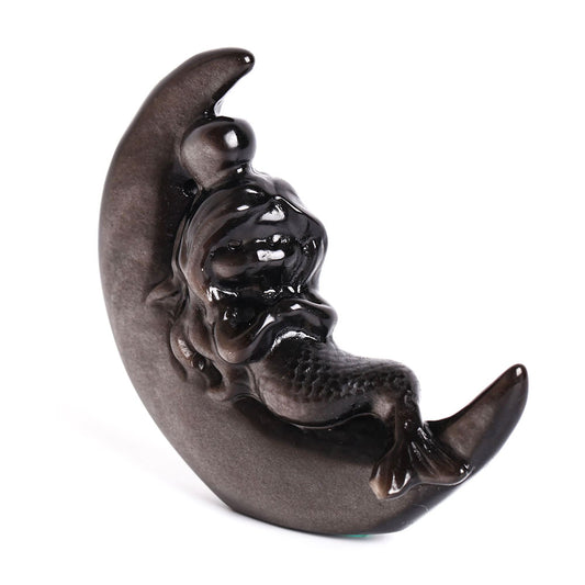 Silver Obsidian Moon with Mermaid Carving Decor