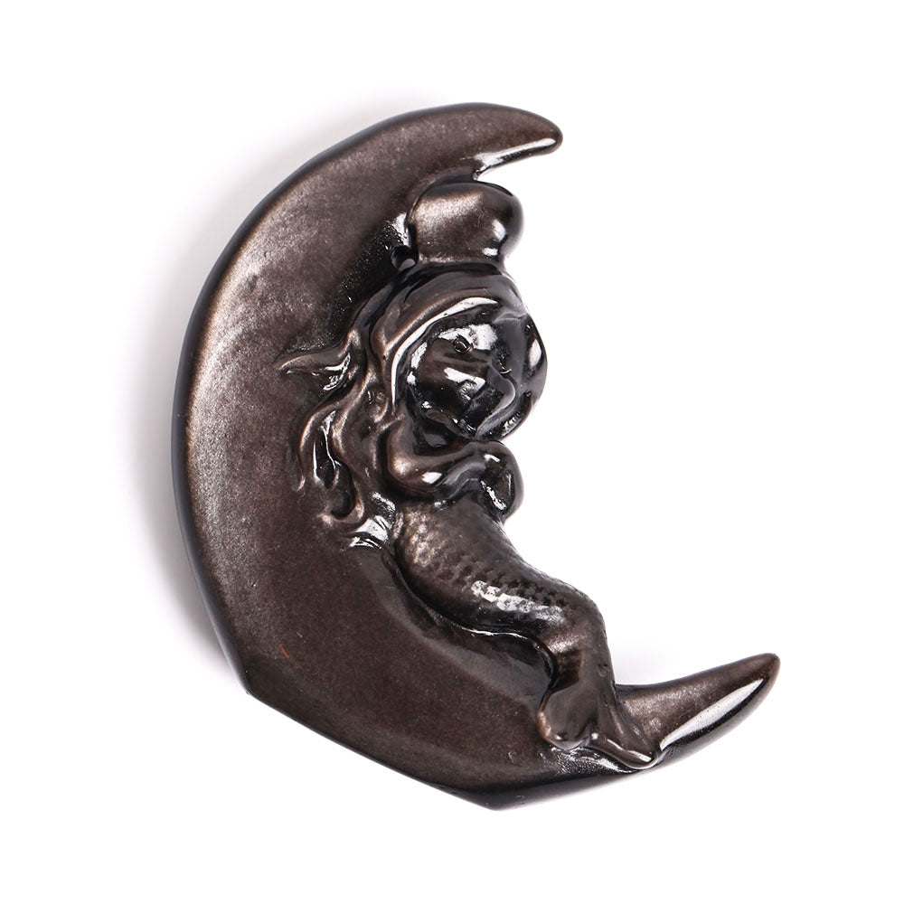 Silver Obsidian Moon with Mermaid Carving Decor