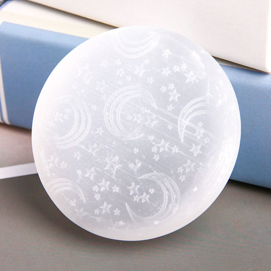 Selenite Palm Stone with Moon Printing
