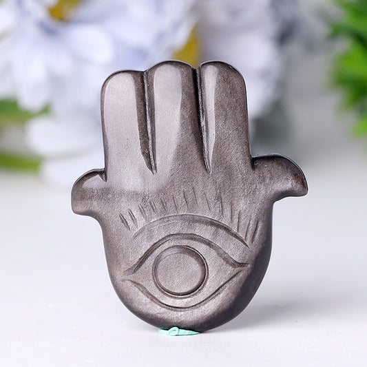2" Sliver Obsidian Hand with Evil Eye Crystal Carvings
