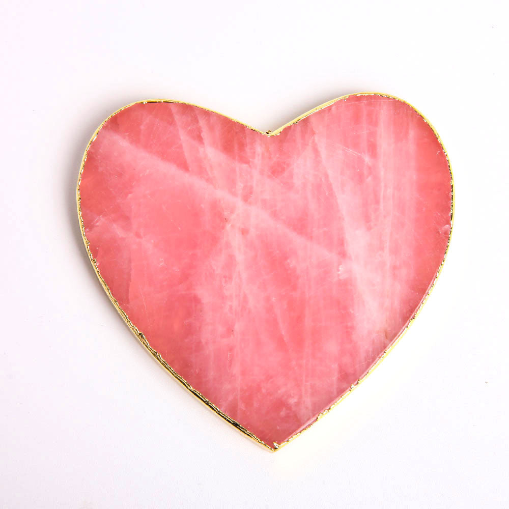 9.5cm Rose Quartz Crystal Slab Coaster with Gold Rim Plate