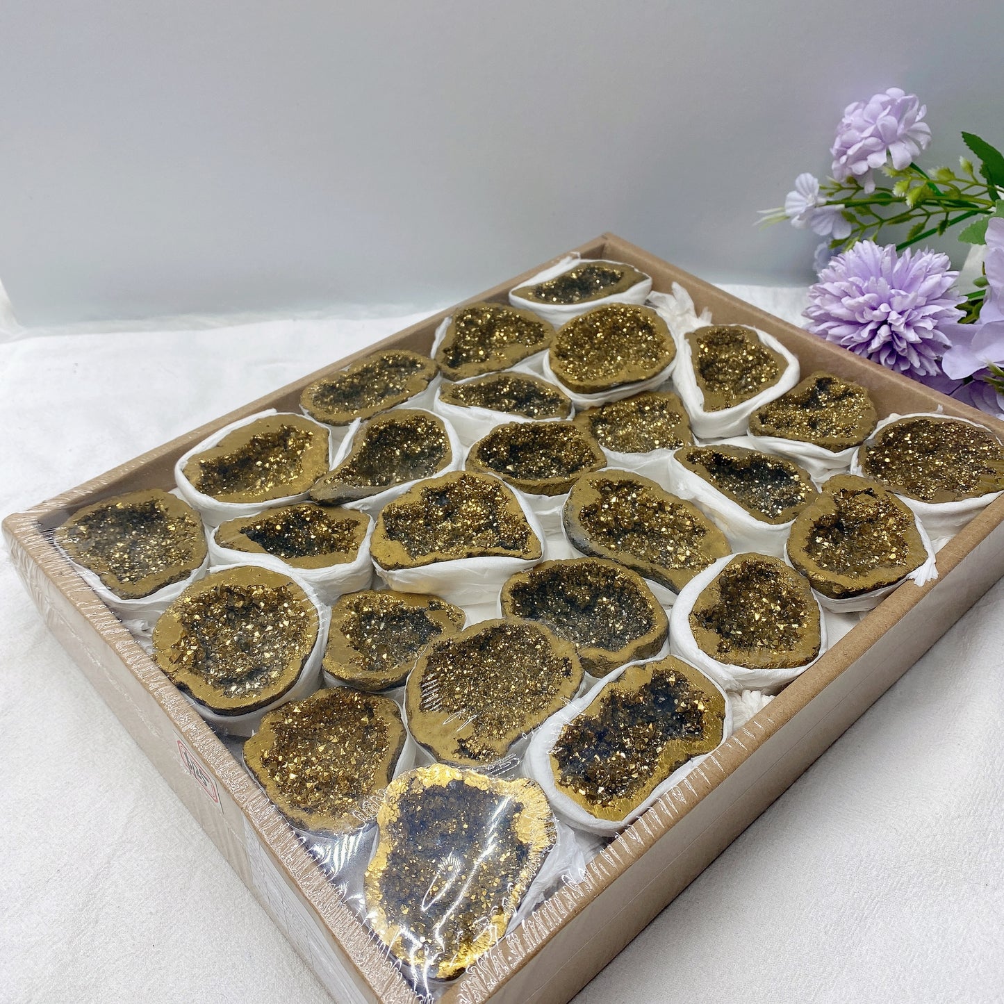 Half Cut Aura Golden Druzy Agate Geode Collection Box Crystal Healing Bulk Wholesale