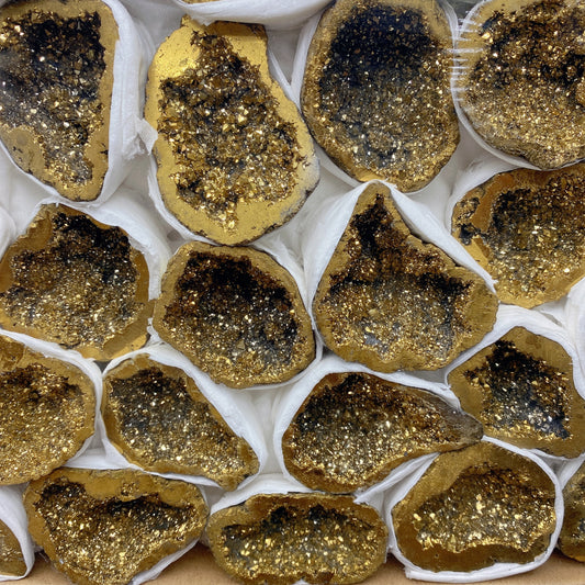 Half Cut Aura Golden Druzy Agate Geode Collection Box Crystal Healing Bulk Wholesale