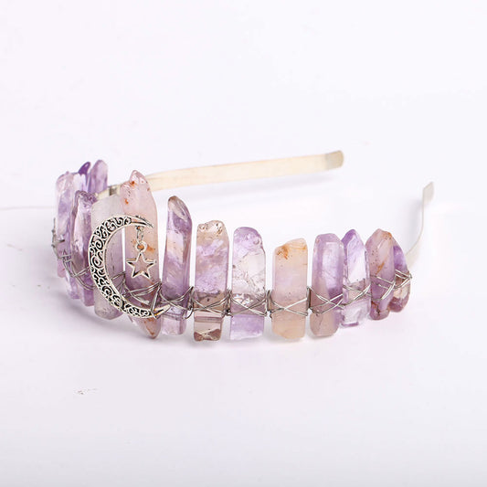 Raw Quartz Crystal Crown with Silver Moon Decor #1