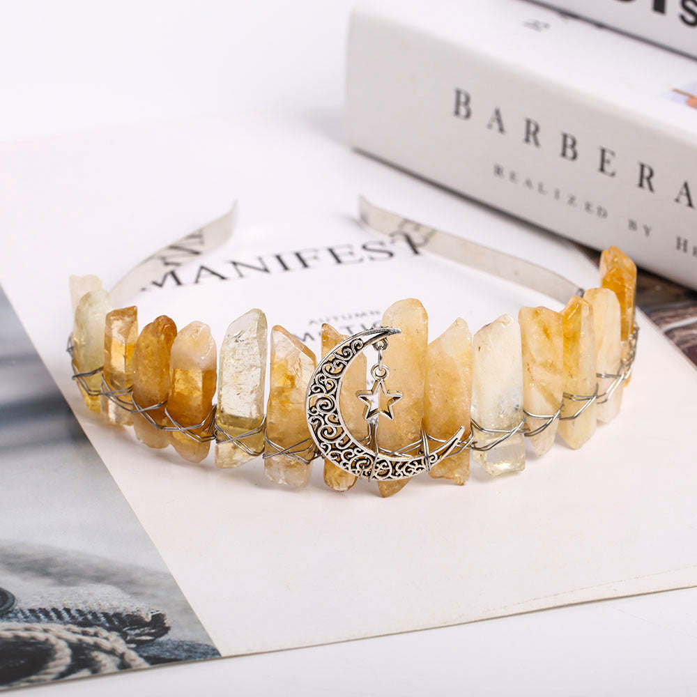 Raw Quartz Crystal Crown with Silver Moon Decor #1