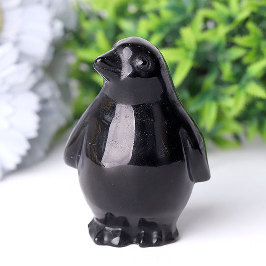 Silver Obsidian Penguin Crystal Carvings