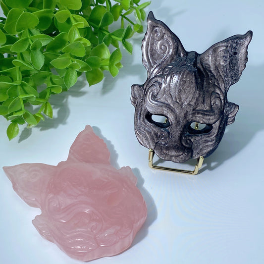 3.3" Rose Quartz Silver Obsidian Cat Mask Carvings Crystal Healing Bulk Wholesale