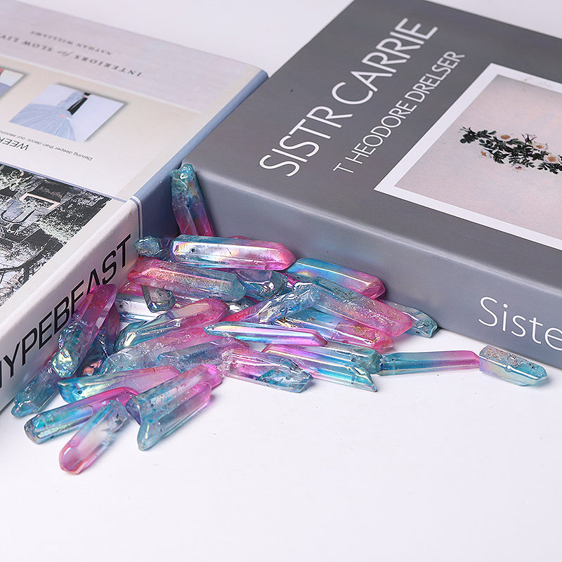 Drilled Double Colored Aura Angel Crystal Points Raw Rough Clear Rock Quartz Sticks