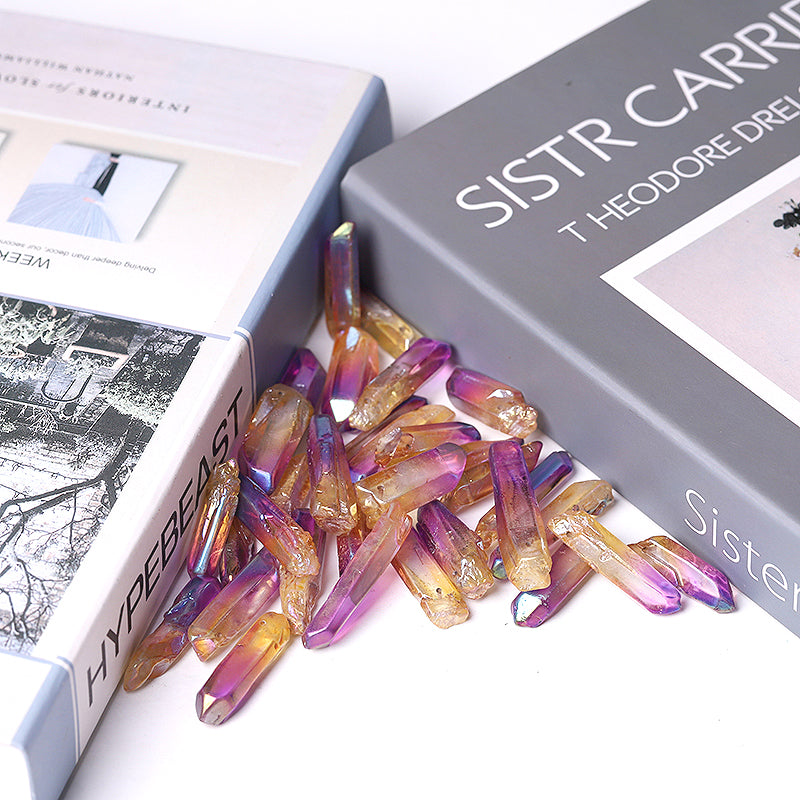 Drilled Double Color Aura Angel Crystal Points Raw Rough Clear Rock Quartz Sticks