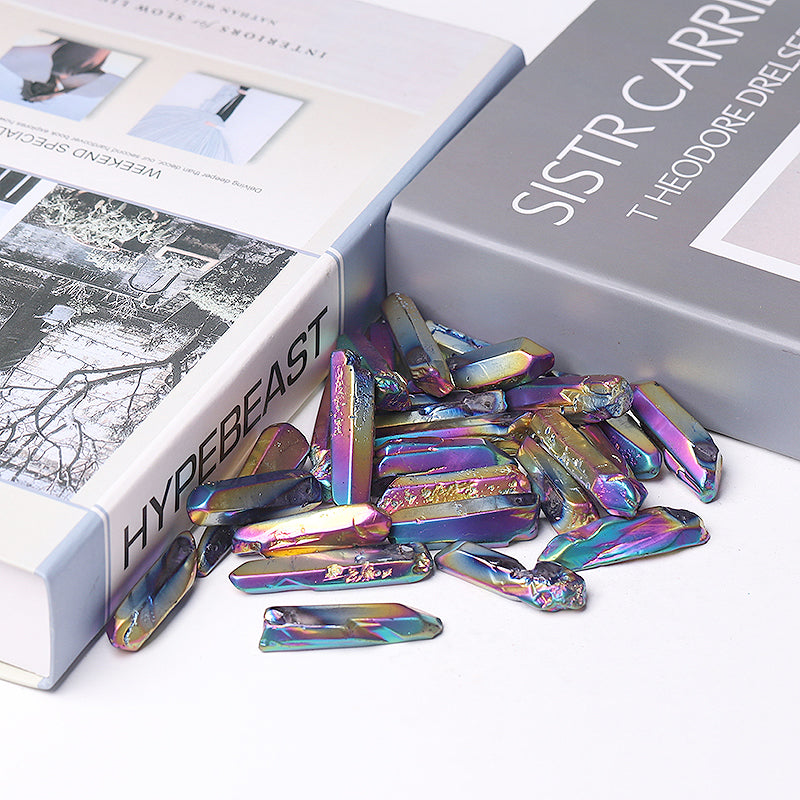 Drilled Titanium Aura Angel Crystal Points Raw Rough Clear Rock Quartz Sticks