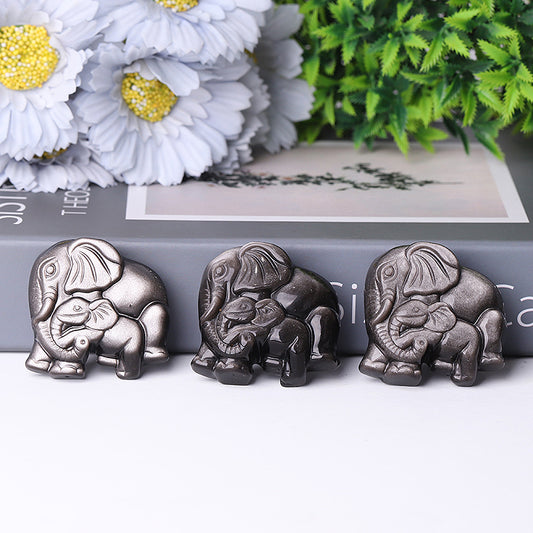 2" Silver Obsidian Elephant Crystal Carvings