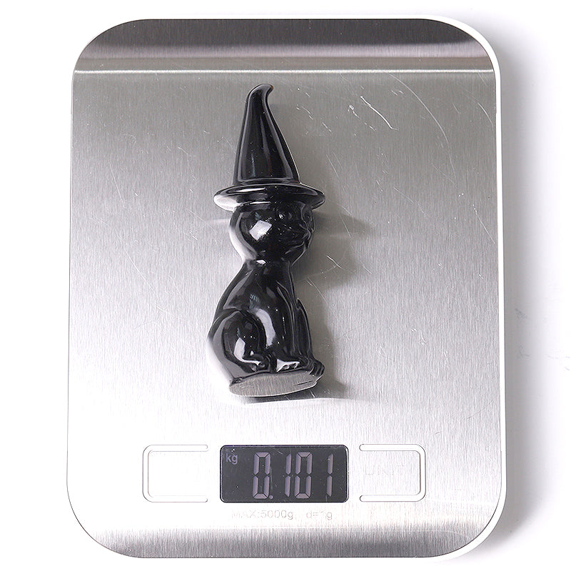 3.8" Black Obsidian Cat with Wizard Hat for Halloween