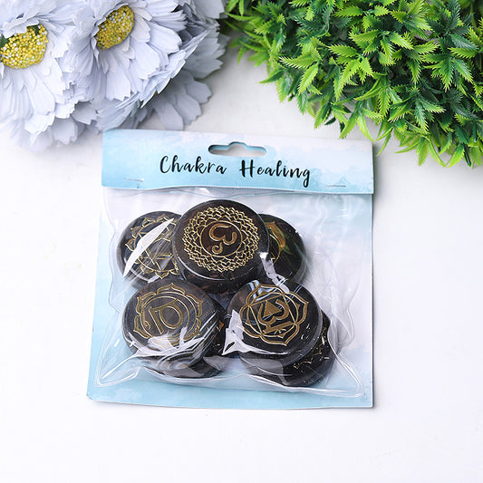 1 Set Agate Round Piece with Chakra Printed Runes Palm Stone