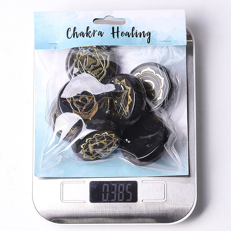 1 Set Agate Round Piece with Chakra Printed Runes Palm Stone