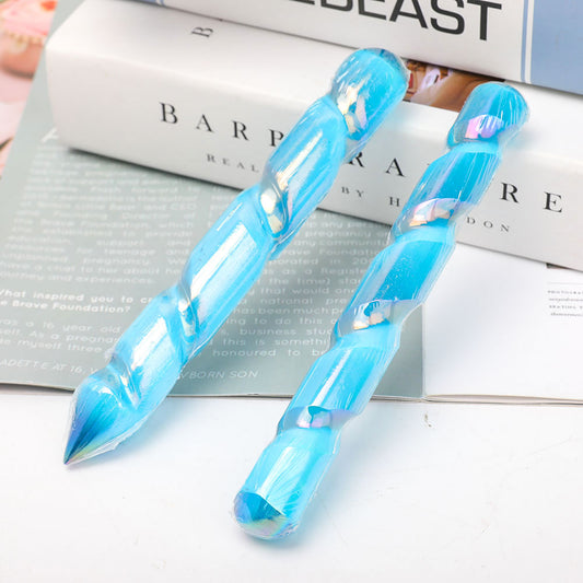 6" Aura Blue Spiral Angel Crystal Selenite Wand