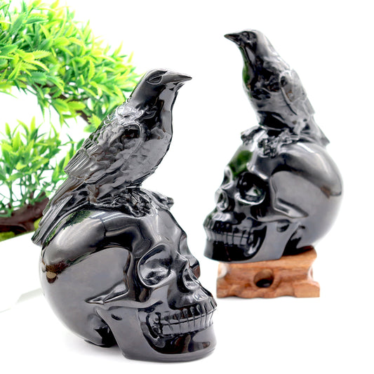 Black Obsidian Skull with Crow - Skull Carving, Obsidian Skull for Halloween