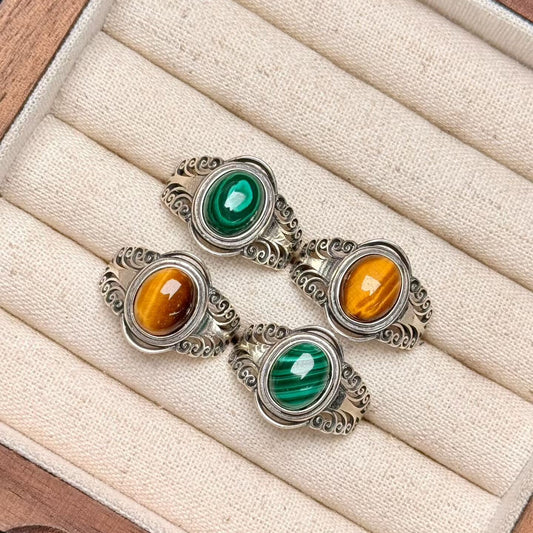 925 Silver Malachite Yellow Tiger's Eye Ring Crystal healing Bulk Wholesale