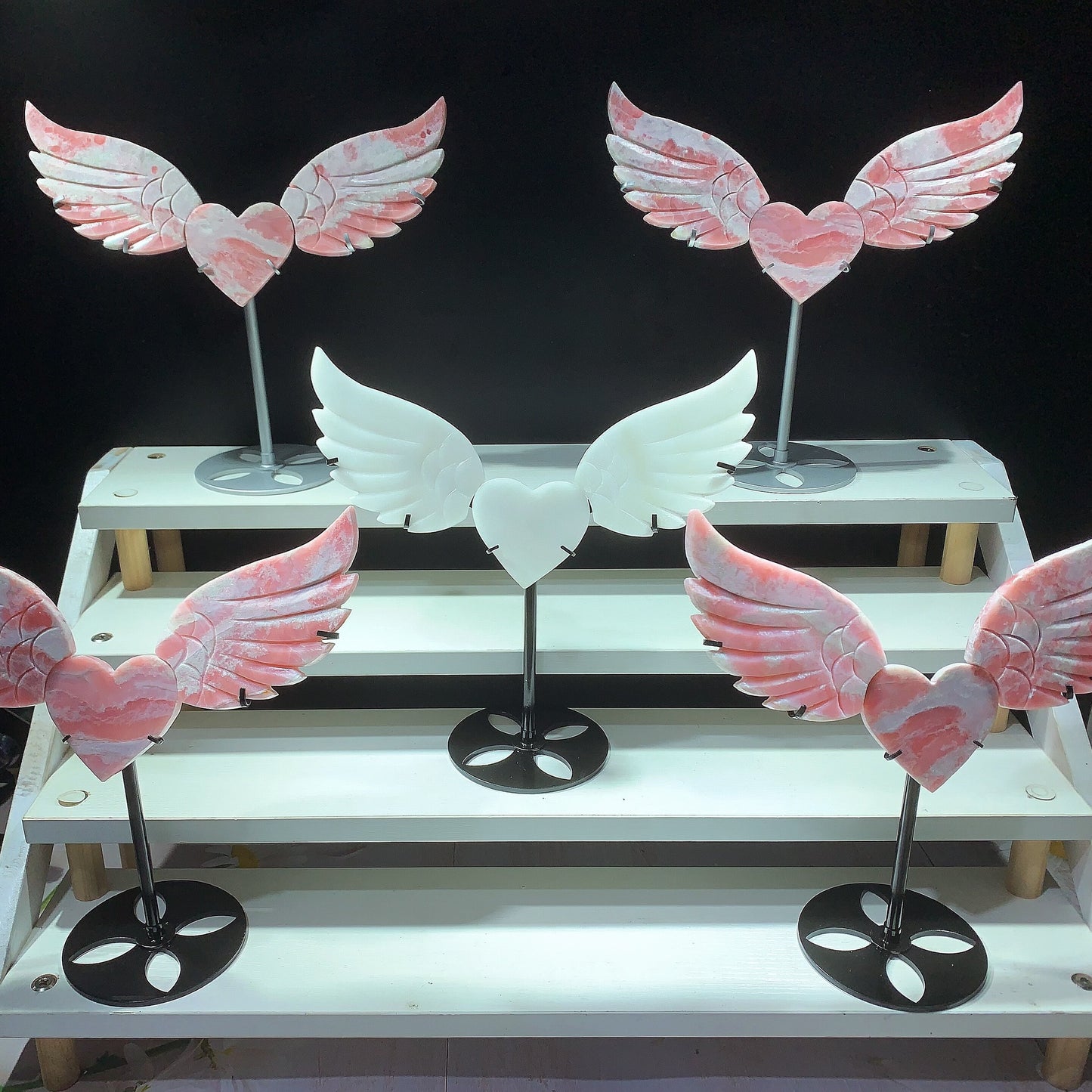 25cm Pink Opal Heart Wings Carving with Stand Crystal Healing Bulk Wholesale