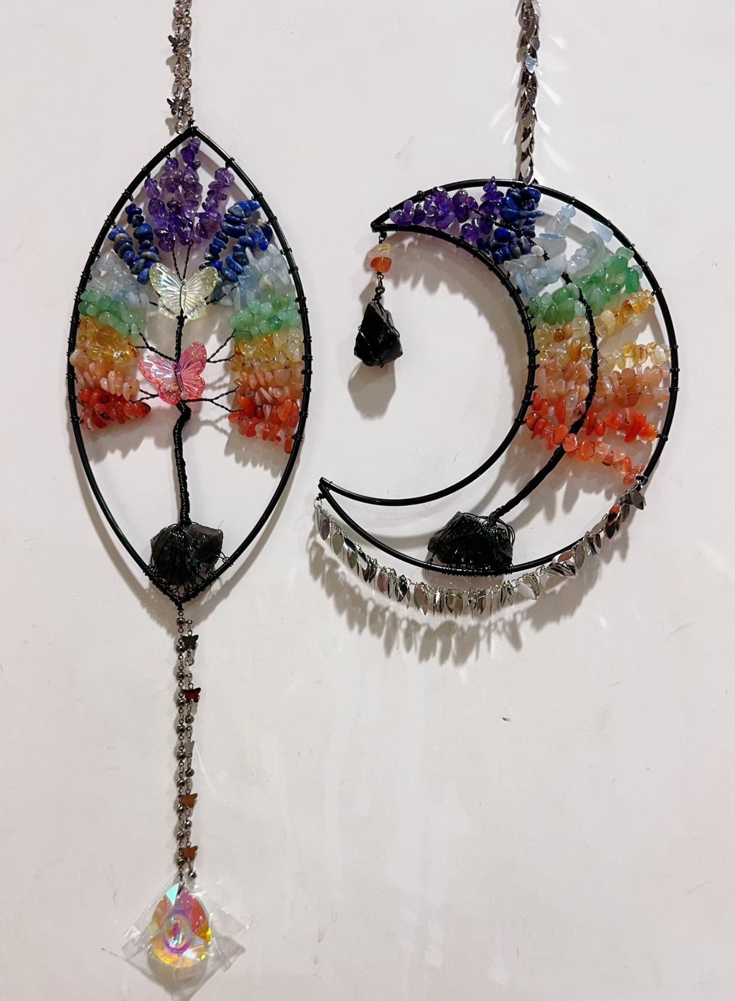 Wire Wrap Natural Gemstone Crystal Chips Moon Leaf Hanging Ornament Crystal Healing Bulk Wholesale
