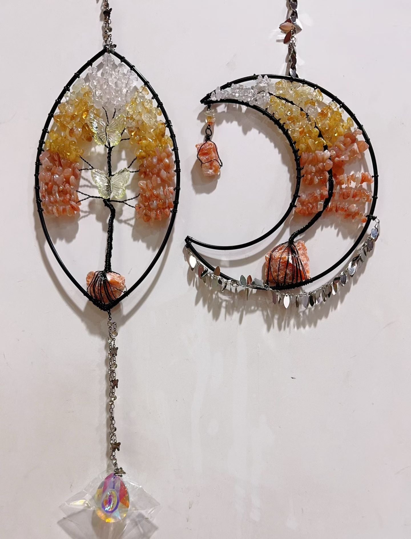 Wire Wrap Natural Gemstone Crystal Chips Moon Leaf Hanging Ornament Crystal Healing Bulk Wholesale
