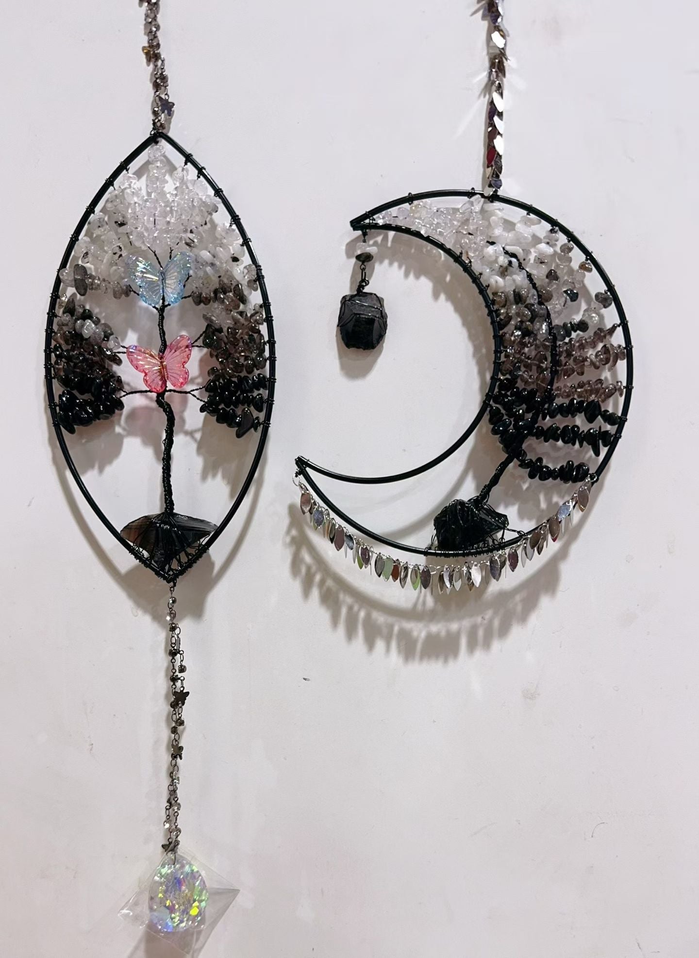 Wire Wrap Natural Gemstone Crystal Chips Moon Leaf Hanging Ornament Crystal Healing Bulk Wholesale