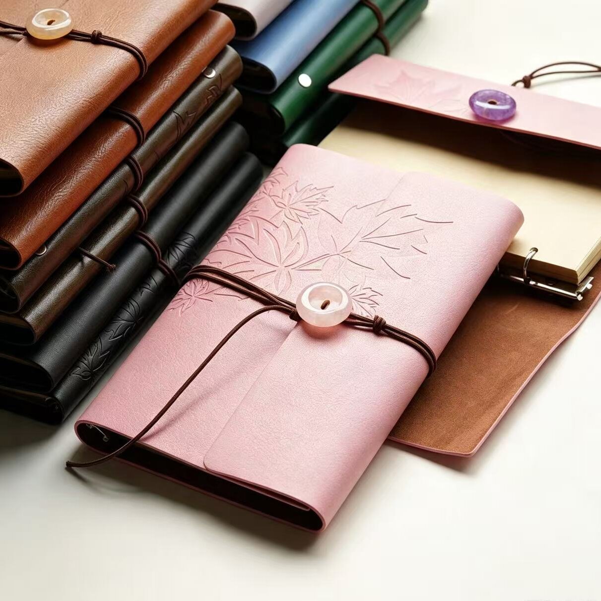 PU Leather Journal Notebook with Natural Crystal Button Decoration Crystal Healing Bulk Wholesale
