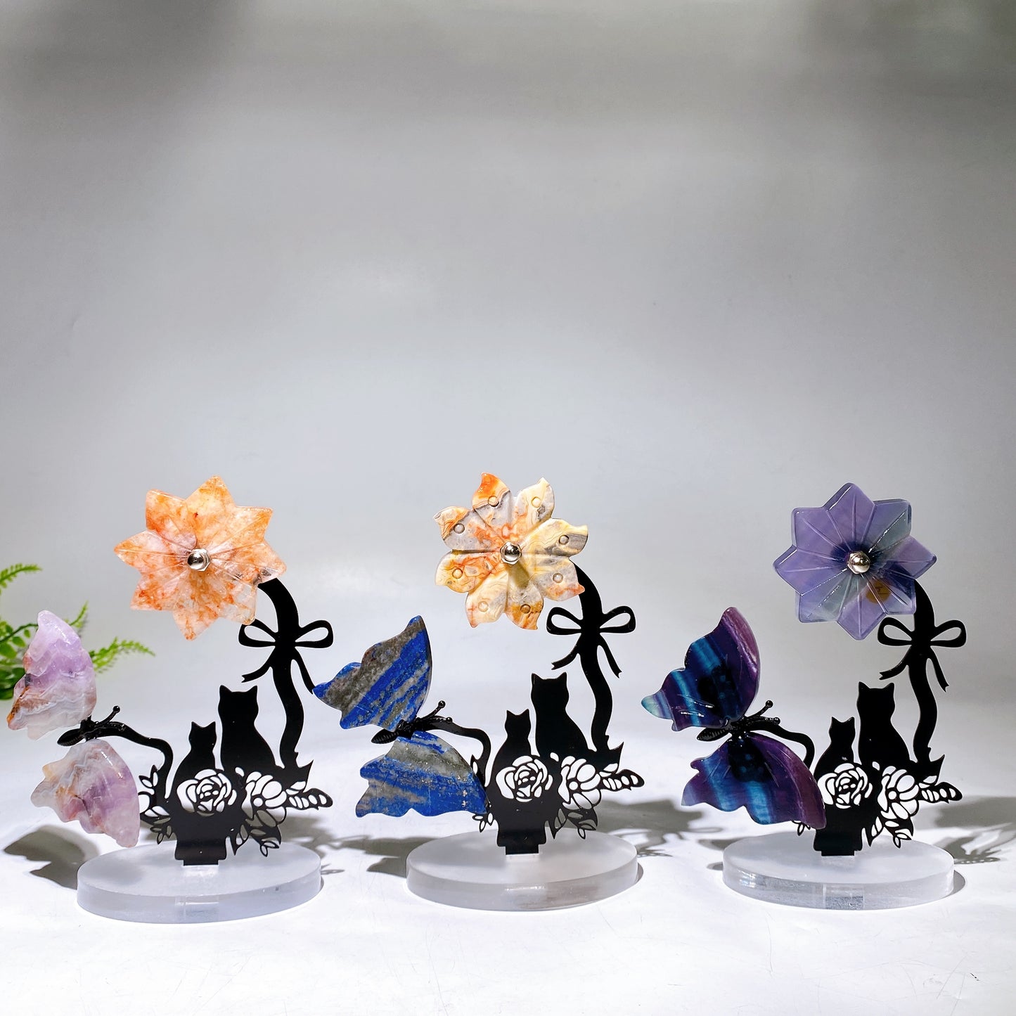 Mixed Crystal Buttterfly & Spinning Flower with Metal Stand Resin Base Free Form Crystal Healing Bulk Wholesale