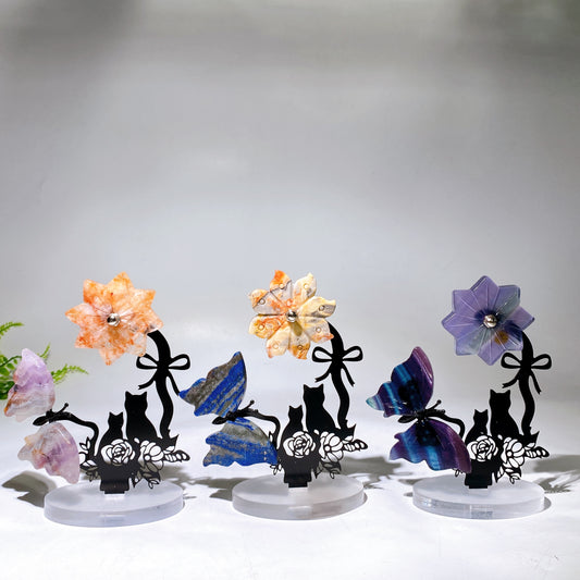 Mixed Crystal Buttterfly & Spinning Flower with Metal Stand Resin Base Free Form Crystal Healing Bulk Wholesale