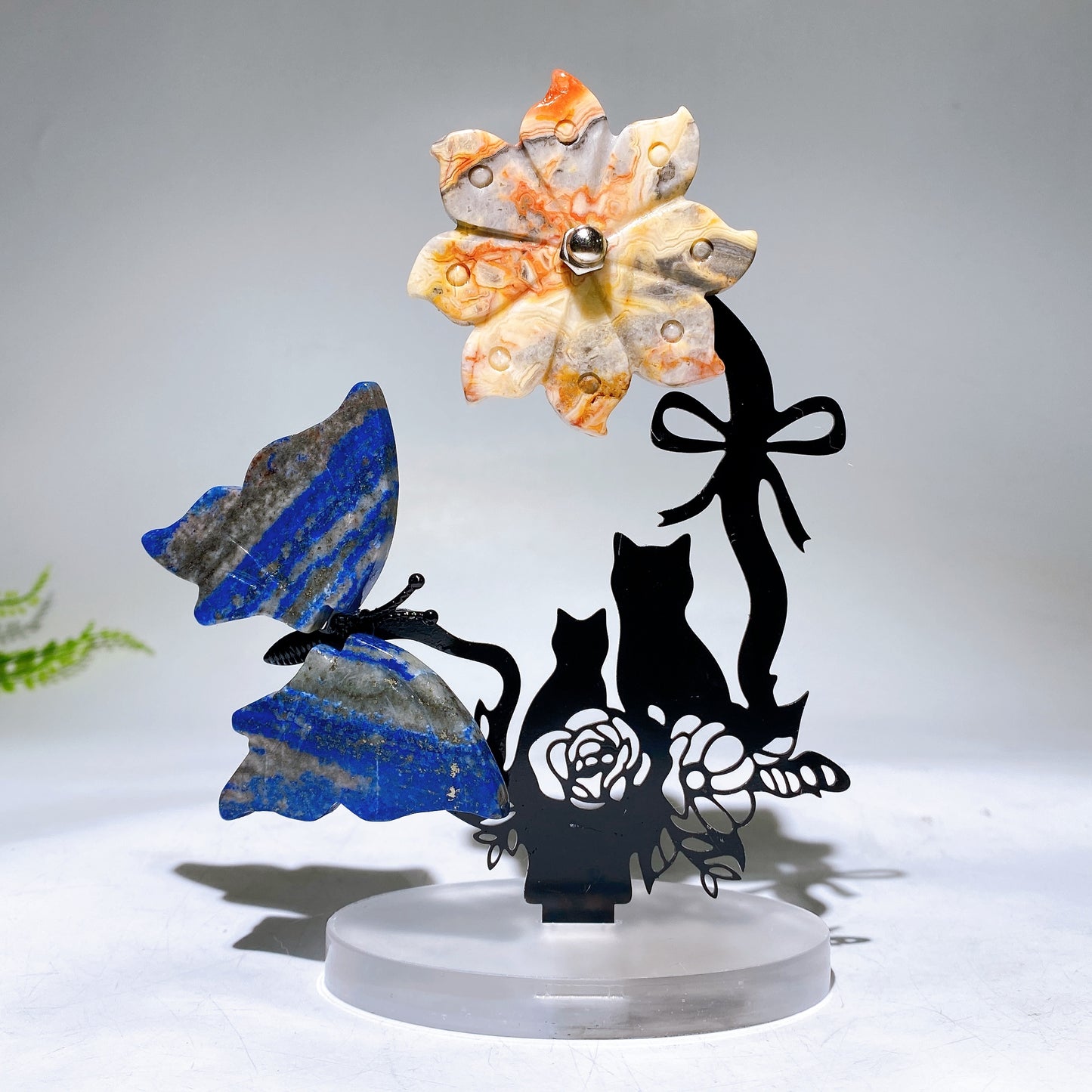 Mixed Crystal Buttterfly & Spinning Flower with Metal Stand Resin Base Free Form Crystal Healing Bulk Wholesale