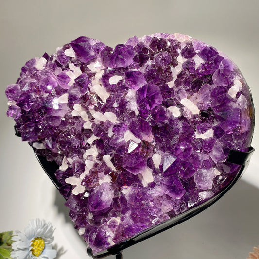 Unique Large UV Reactive Amethyst Calcite Clusters Heart Shape Specimen with Stand