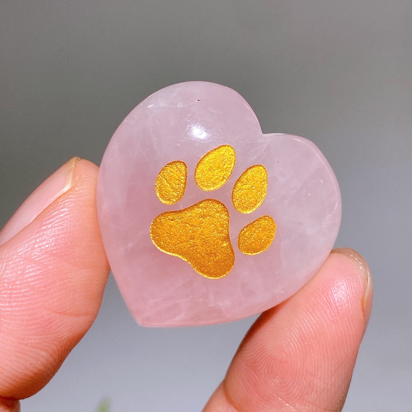 30mm Rose Quartz Heart with Golden Printing Cat Dog Paw Crystal Healing Bulk Wholesale