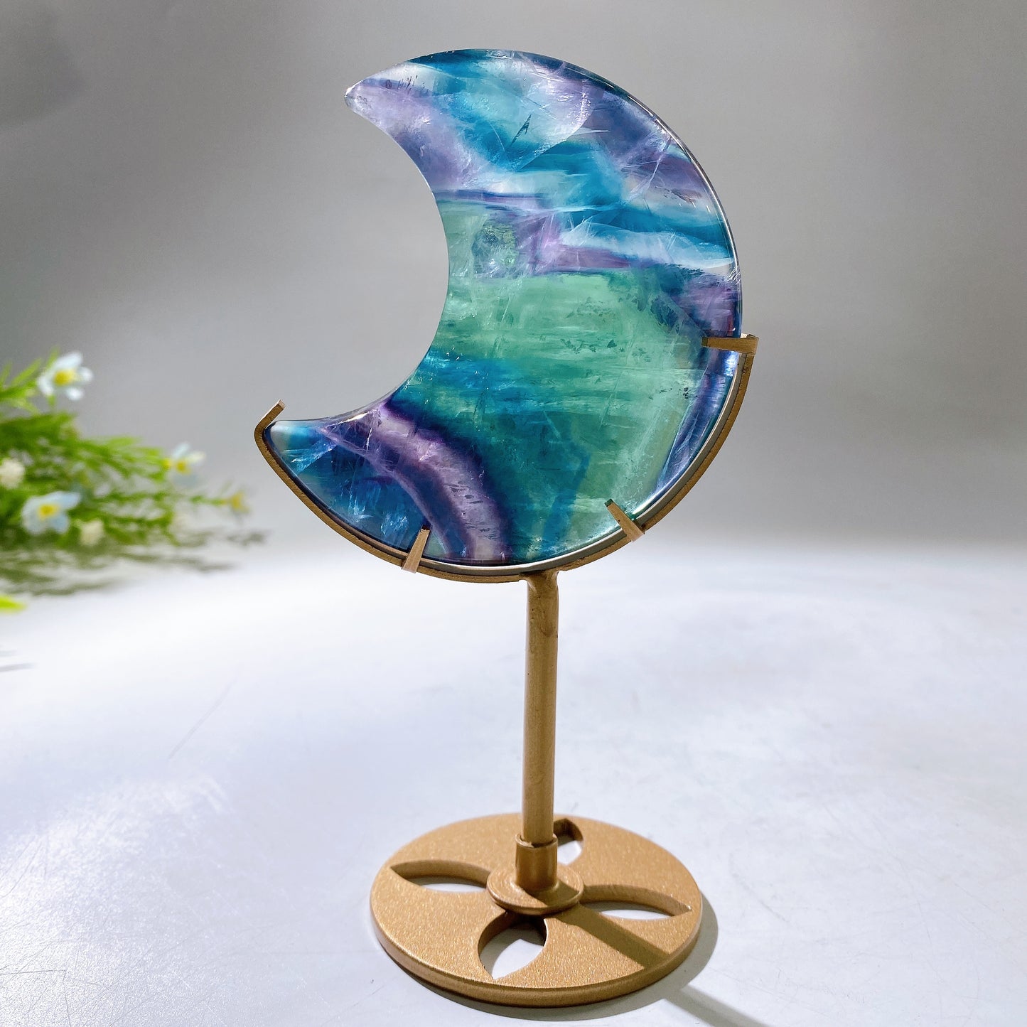 Rainbow Fluorite Moon Carving with Stand Crystal Healing Bulk Wholesale