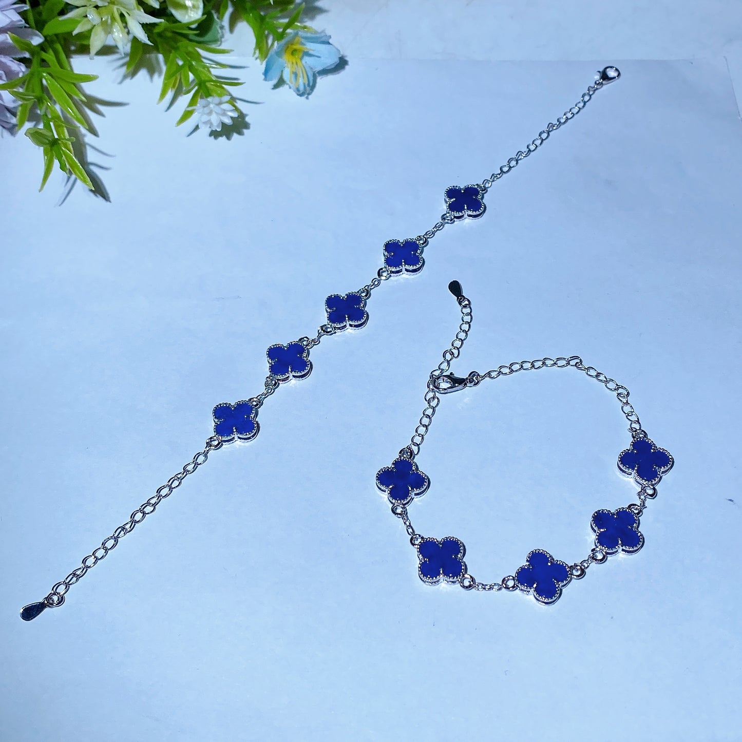 Cooper Silver Plated Lapis Four Leaf Clover Bracelet Crystal Healing Bulk Wholesale