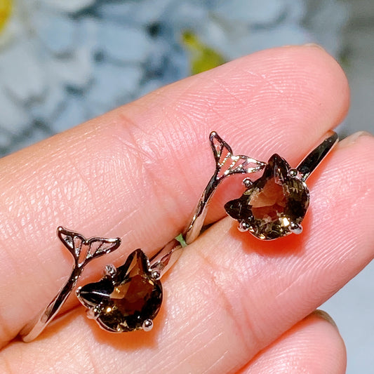 Cooper Silver Plated Smoky Quartz Cat Head Ring Crystal Healing Bulk Wholesale