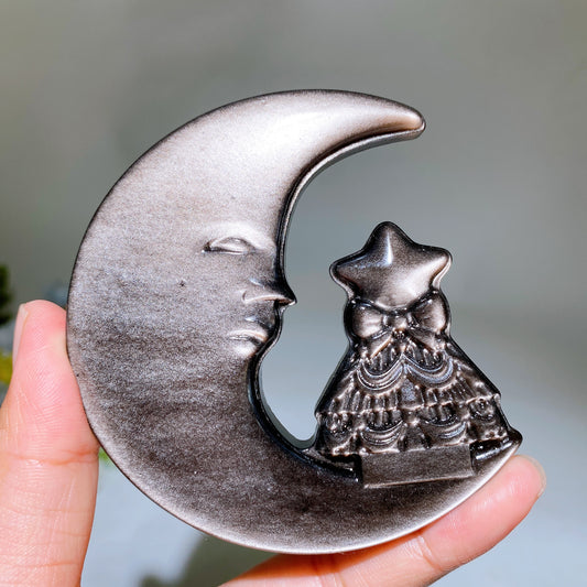3.3" Silver Obsidian Moon Carving Crystal Healing Bulk Wholesale