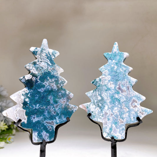 Moss Agate Christmas Tree Carving with Stand Crystal Healing Bulk Wholesale