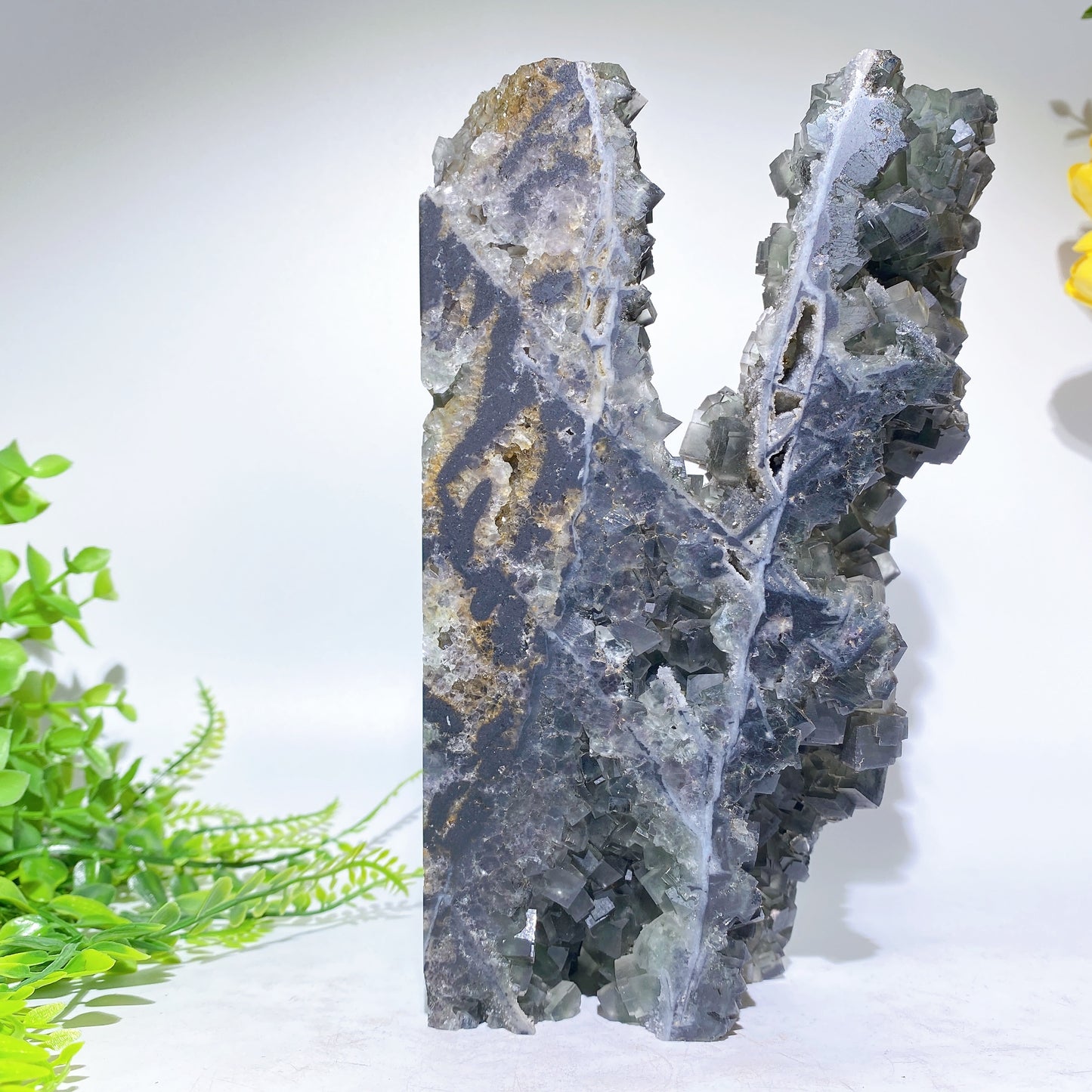 Unique Sphalerite Grow with Sugar Fluorite Limonite Specimen Free Form