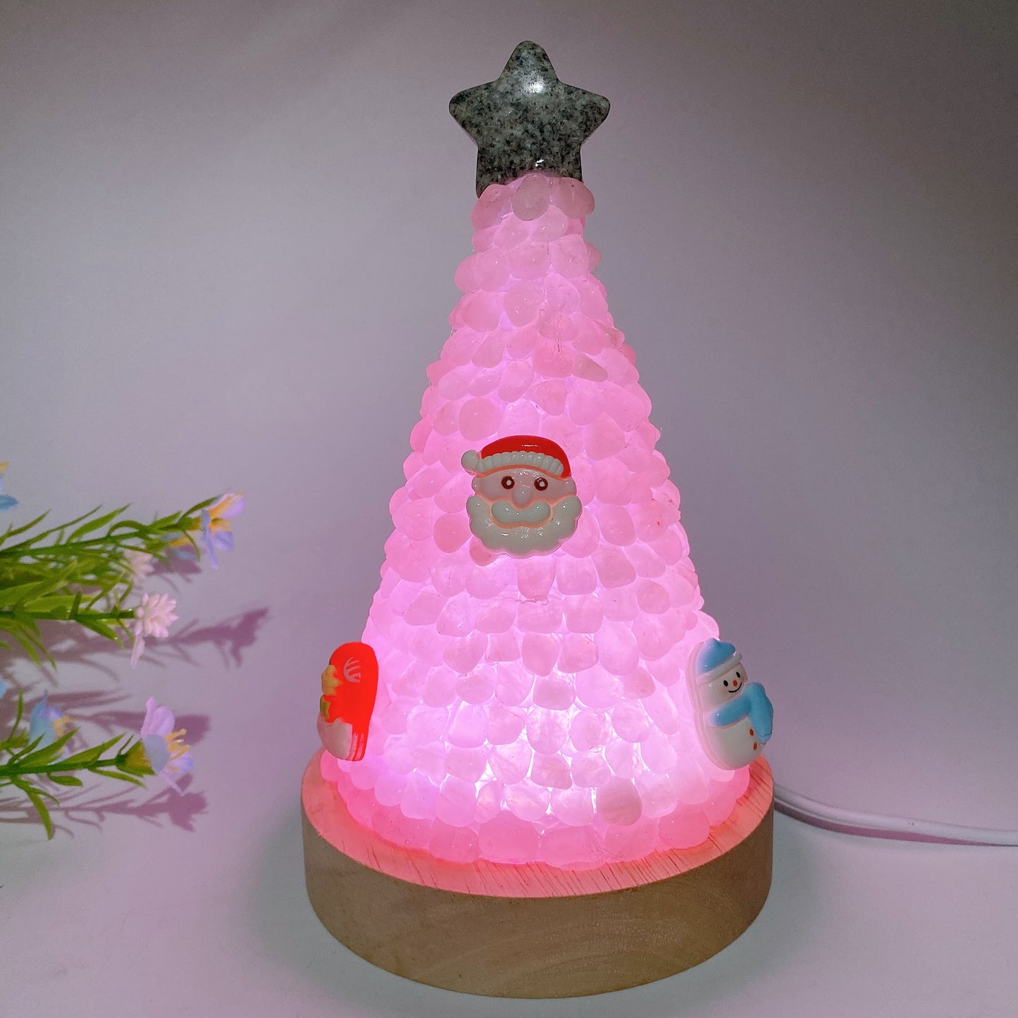 17.5cm Crystal Chips Christmas Tree Shape Lamp with Wooden Base Bulk Wholesale