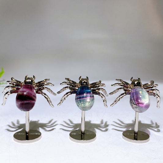 Natural Fluorite Blue Apatite Spider Carving with Fixed Metal Display Stand Crystal Healing Bulk Wholesale
