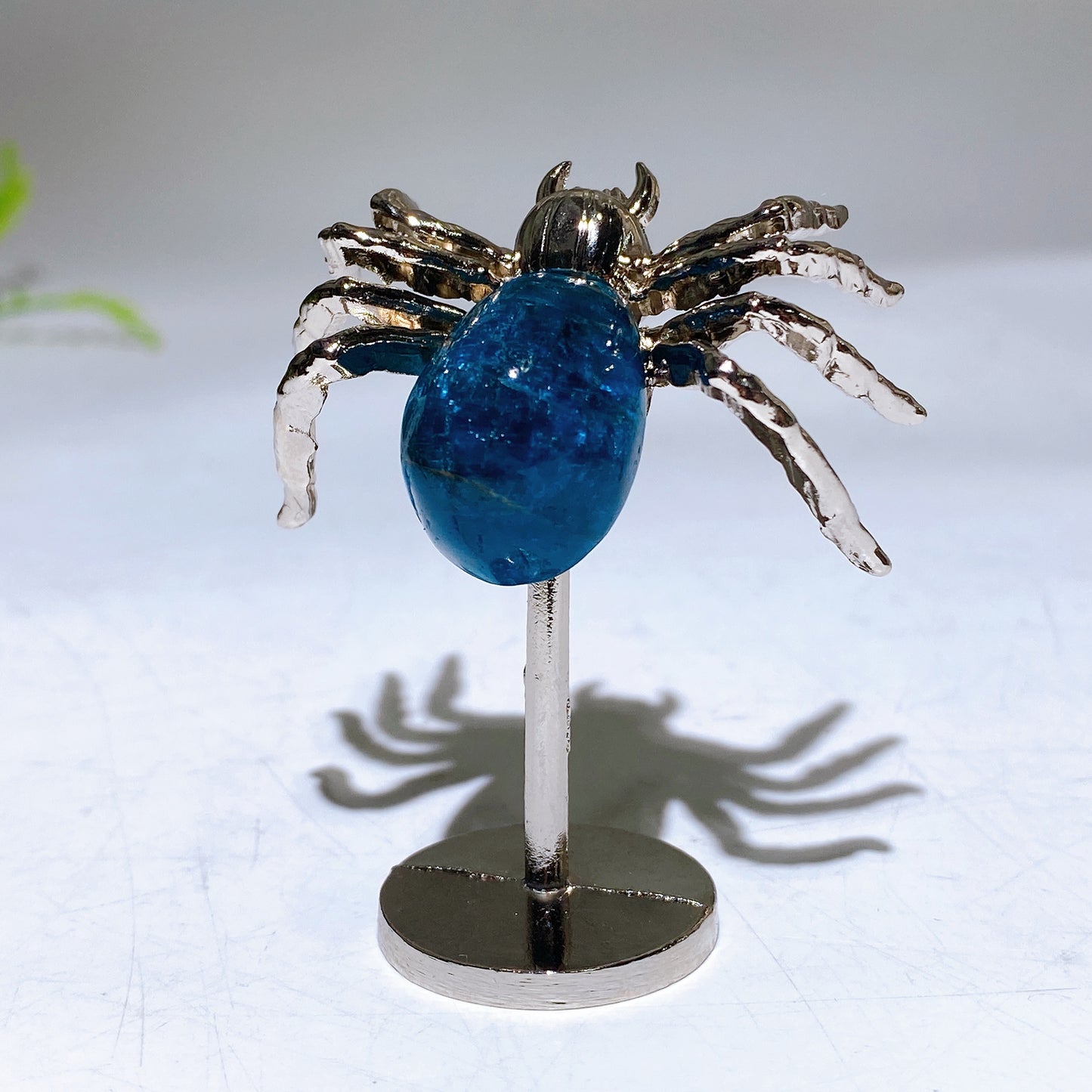 Natural Fluorite Blue Apatite Spider Carving with Fixed Metal Display Stand Crystal Healing Bulk Wholesale