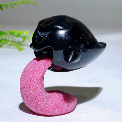 2.3" Black Obsidian White Jade Ghost Carving for Halloween Crystal Healing Bulk Wholesale