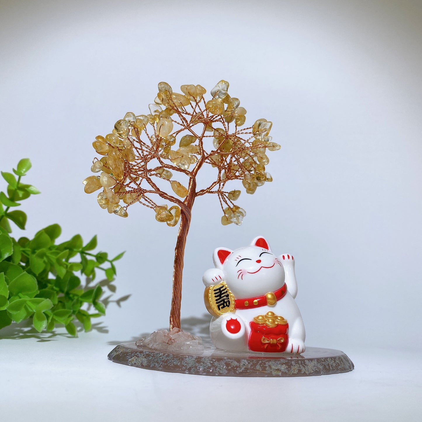 12cm Crystal Chips Fortune Tree with Maneki-neko Free Form Bulk Wholesale