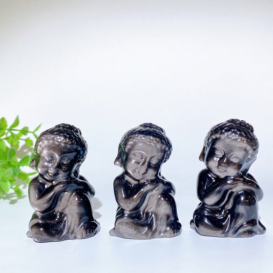 2.5" Silver Obsidian Buddha Carvings Bulk Wholesale