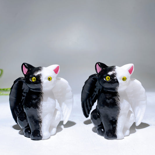 2.7" Half Black Painting White Jade Cat with Wings Carving for Halloween Wholesale