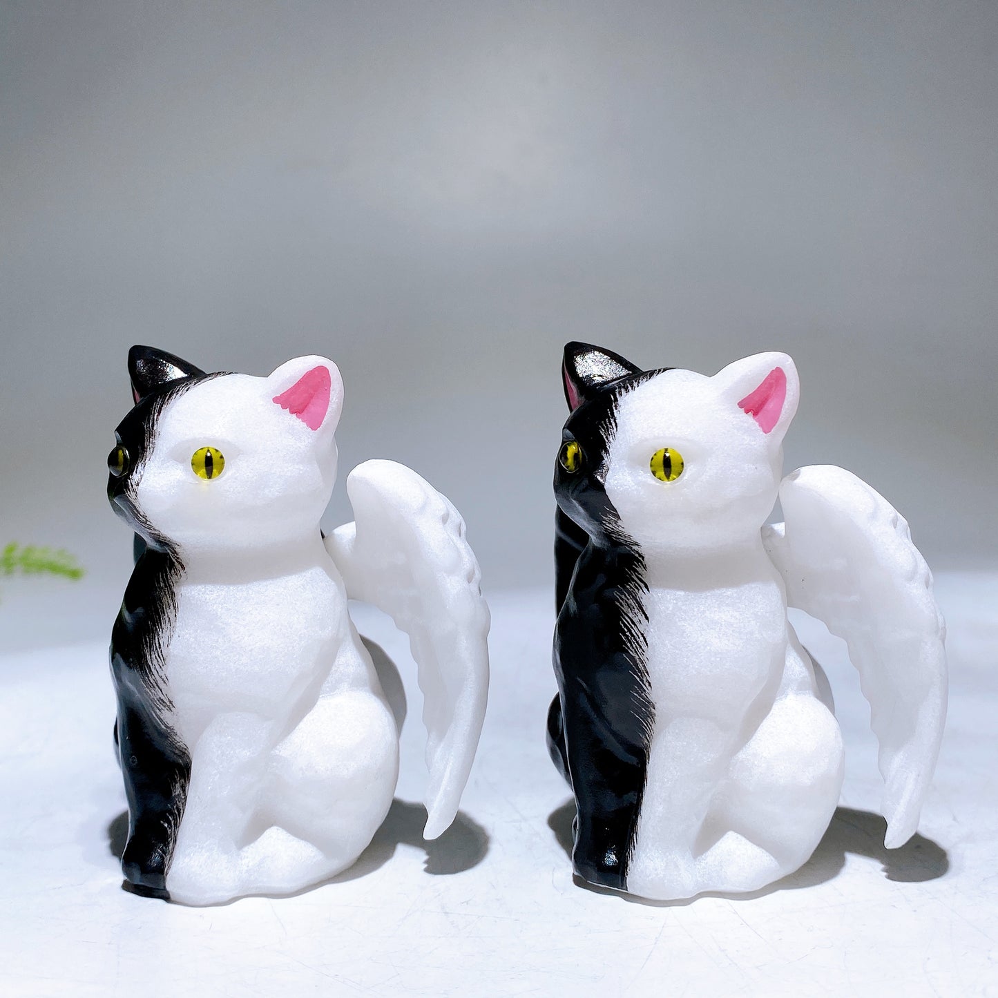 2.7" Half Black Painting White Jade Cat with Wings Carving for Halloween Wholesale