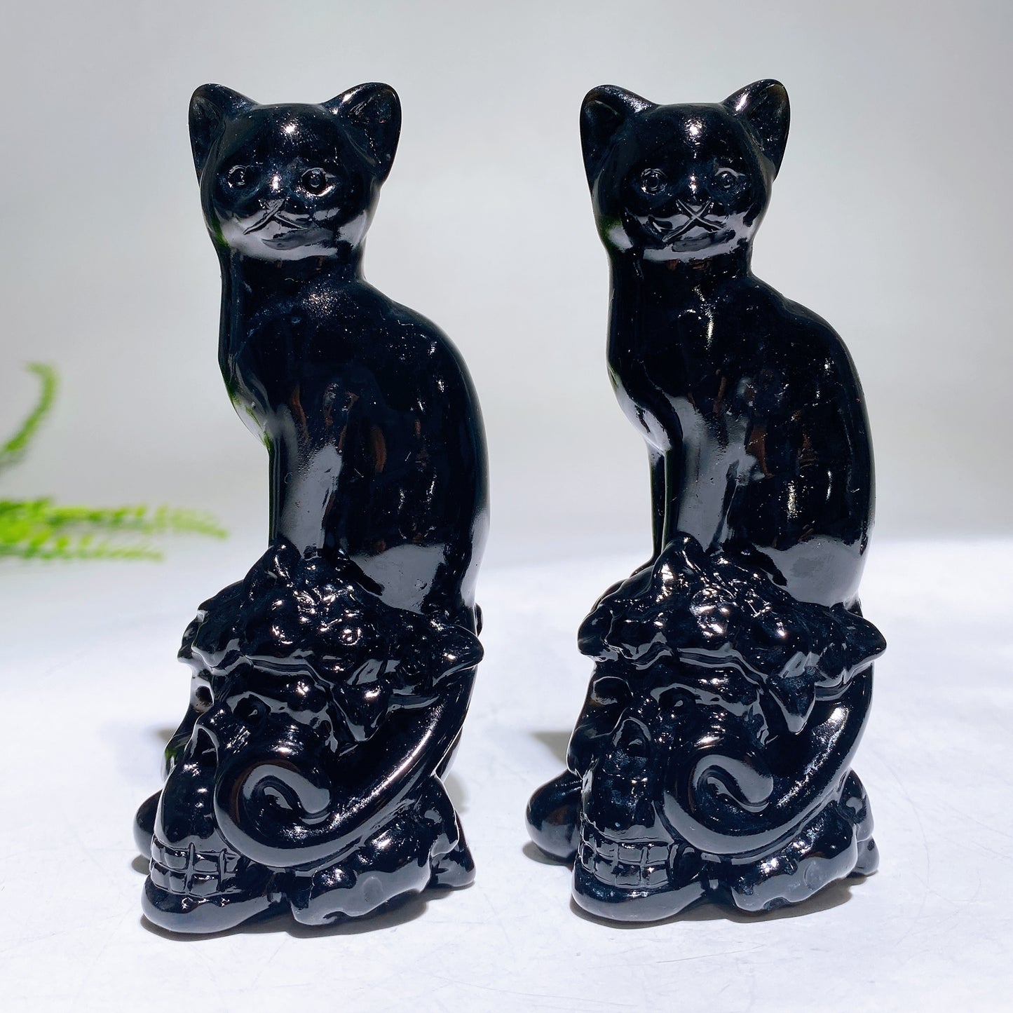 4.0" Natural Black Obsidian Skull Cat Carving for Halloween Wholesale