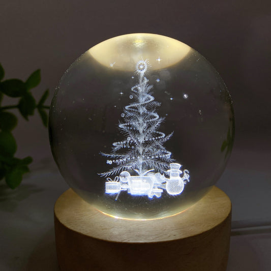 6cm 3D Inner Carvings Christmas Scene Glass Sphere with Wooden Lamp Stand Crystal Healing Bulk Wholesale