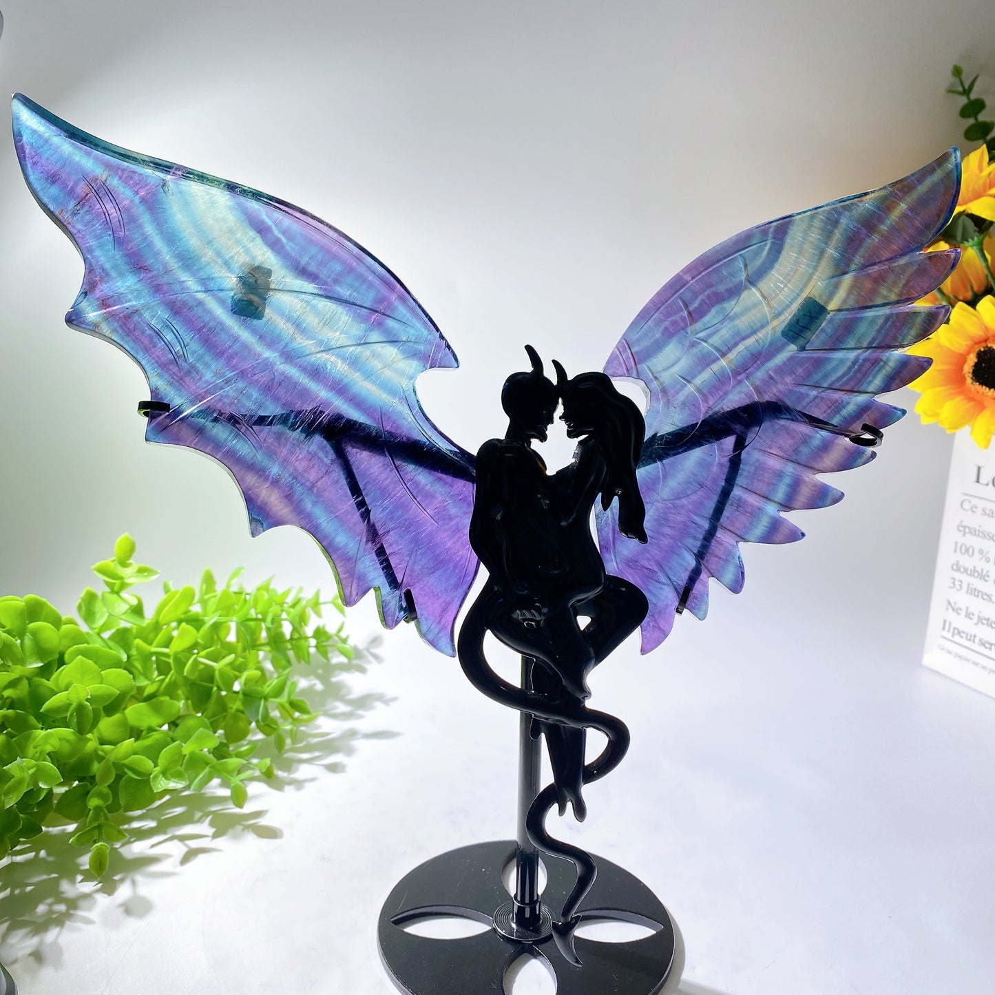 Large Crystal Devil Couple's Wings Carvings with Stand Bulk Wholesale