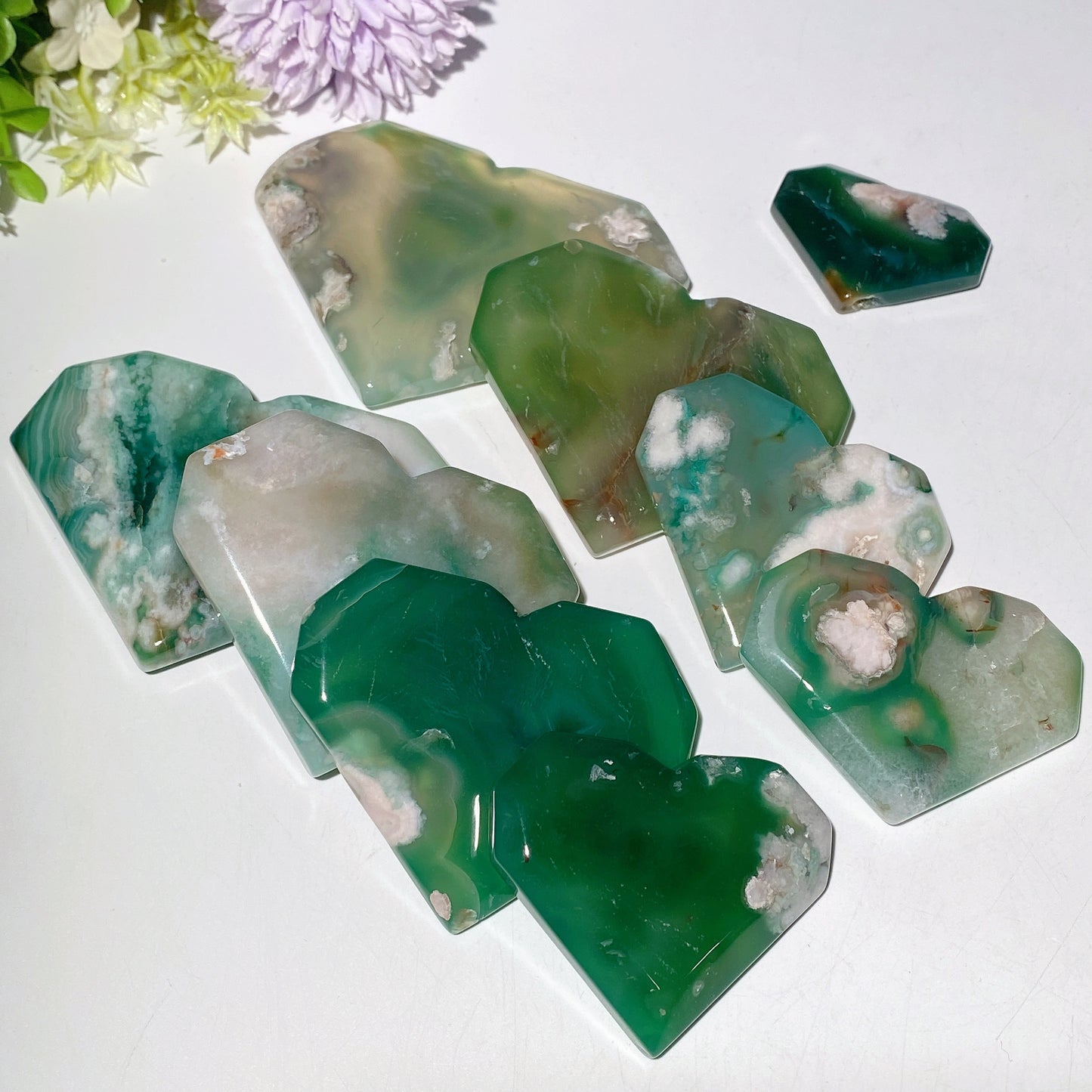 1.9"-4.0” Green Flower Agate Heart Carvings Bulk Wholesale