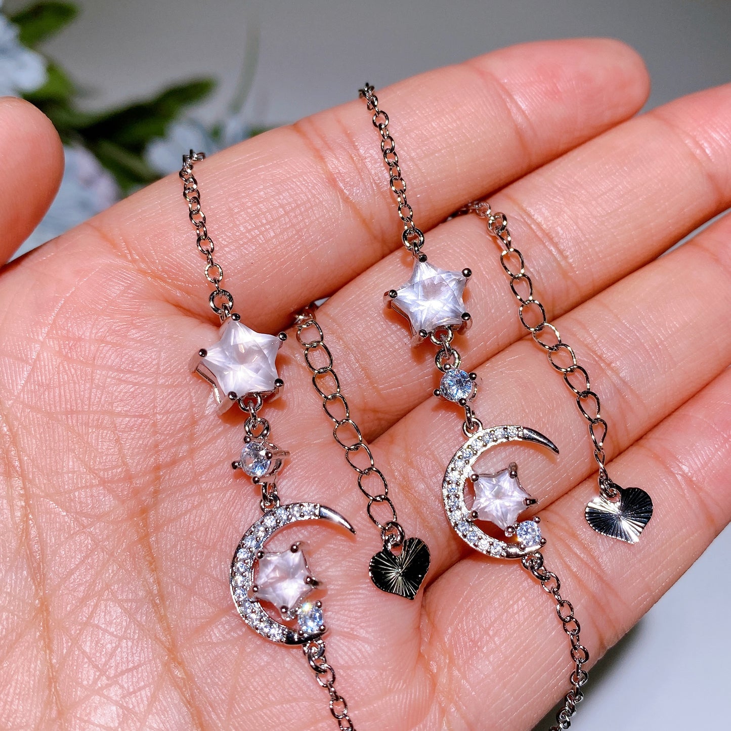 Cooper Silver Plated Rose Quartz Moon & Star Bracelet Crystal Healing Bulk Wholesale